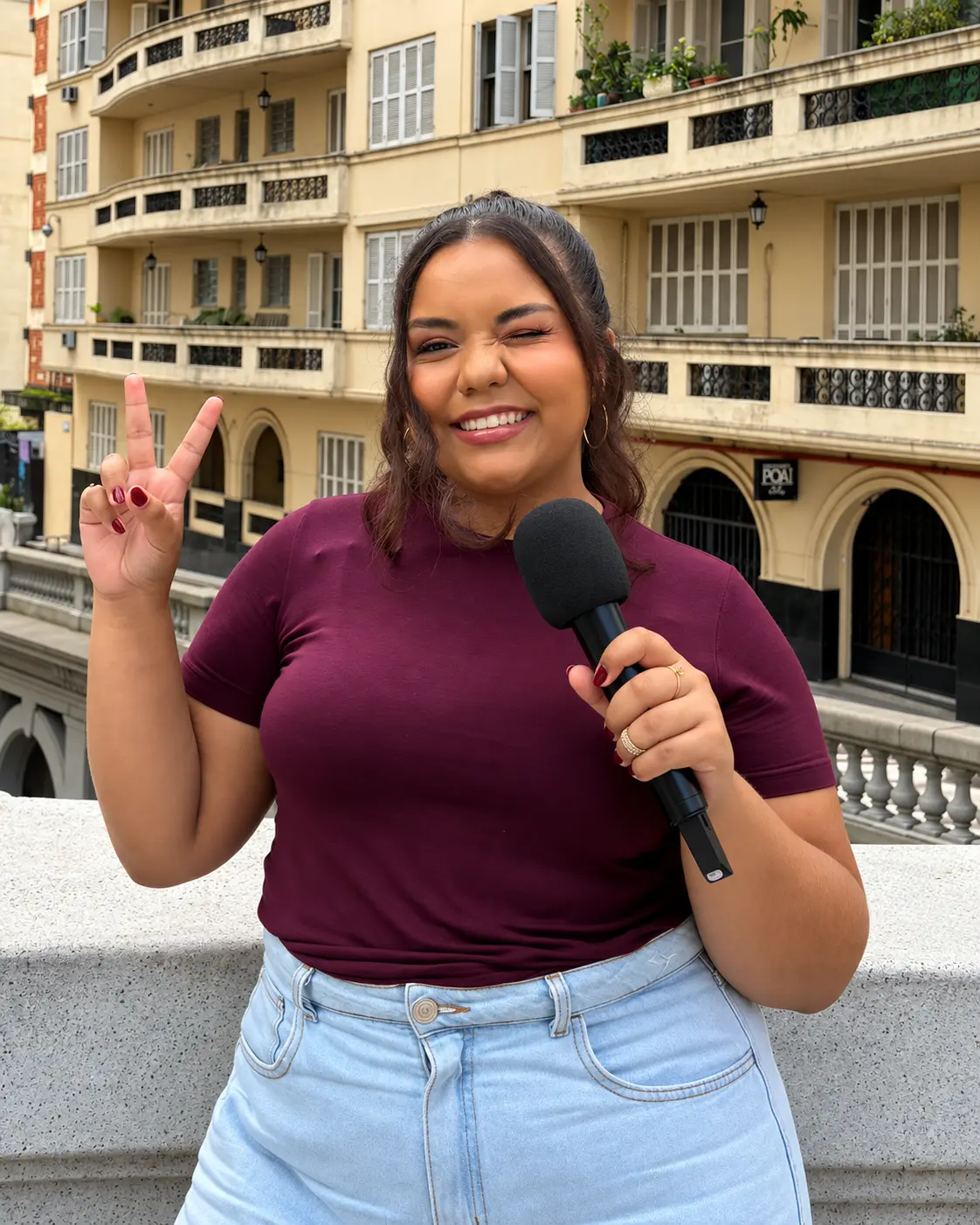 Reportera sonriente frente a edificio clásico